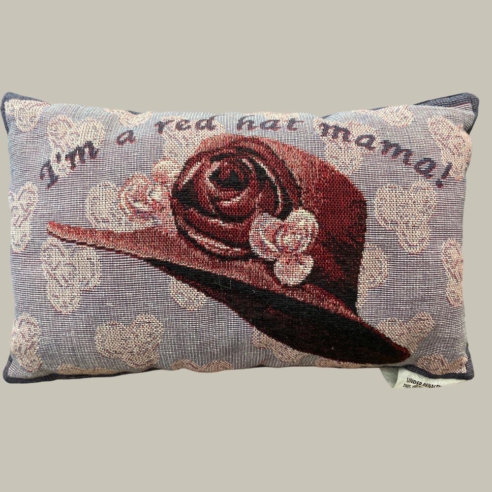 Tapestry Red Hat Mama Woven Decorative Accent Pillow Hearts Rose Design